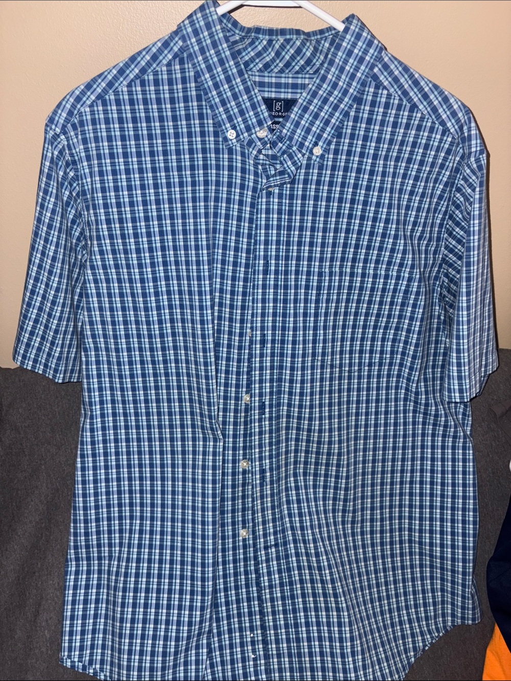 George Blue and White Plaid Short-Sleeve Button-Down Shirt